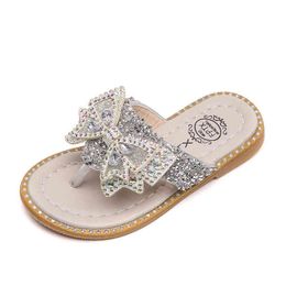 Summer Big Children's Rhinestone Fashion Flip Flop For Kids Teenager Girls Outdoor Pink Silver Slippers Beach Shoes New 2022 G220523