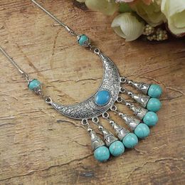 Pendant Necklaces Gypsy Jewellery Bohemian Ethnic Tibetan Sliver Colour Chain For Women Metal Carved Flower Blue Stone NecklacePendant PendantP