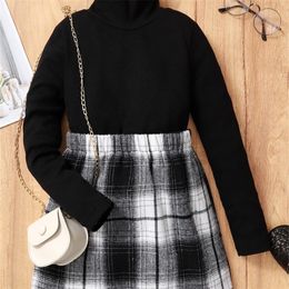 Girls Solid Ribbed Tee & Plaid Skirt SHE