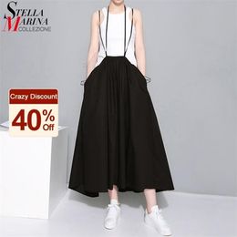 Summer Woman Solid Black Long Maxi Skirt Elastic Waist Pleated Infinite Skirt Convertible Lady Loose Casual Suspender Skirt 1388 210306