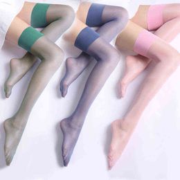 12D Women Sexy Thigh High Stockings Summer Thin Oil Glossy Shiny Nylon Strecth Pantyhose Transparent Over Knee Socks Hosiery T220808
