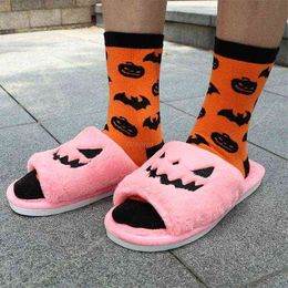 Slippers 2022 Women Winter Slippers Warm Plush Thick Sole Open Toe Ladies Shoes Pumpkin Lantern Indoor Bedroom Slides Couple Shoes G220730