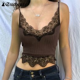 SUCHCUTE Goth Aesthetic Lace Patchwork Tank Tops For Women Sexy V-Neck Brown Retro Crop Tops Summer Fashion Casual Camisole 220407