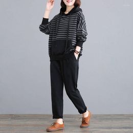 Women's Two Piece Pants 2022 Spring Autumn Casual Striped Tracksuit Women Plus Size Suit Fashion Loose Pullover Hoodies And Sweatpants Set