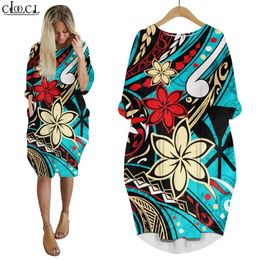 Women Dress Polynesian Flower Turtles 3D Pattern Loose Daughter Skirt Long Sleeve Streetwear Pocket Female Casual Dresses W220616