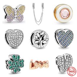Brand New 925 Sterling Silver Charm Beads for Pandora Flat Style Original Bracelet Heart Position Buckle Clip Women DIY Pendant Jewelry Gift