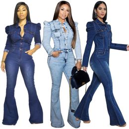 Women's Jumpsuits & Rompers In Stock Wholesale Slim Elegant Plus Size Long Sleeve Flare Leg Denim Jumpsuit Women