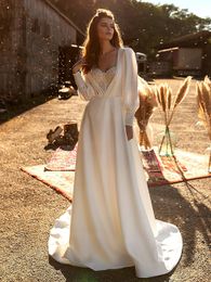 Simple Long Sleeve A Line Wedding Dress Ivory Satin Country Bridal Gowns Beaded Glitter Sweetheart Neck Long Bride Reception Dresses 2022 Robe De Mariee