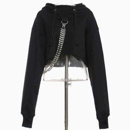 Women Crop Hoodies Diamonds Chain Thick High Street Pullover Hooded Sweatshirt Tracksuit T220726