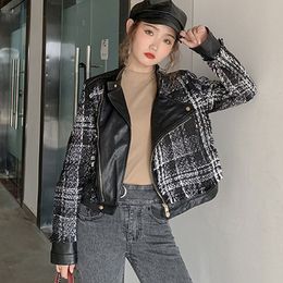 Small winter sweet wind fashion stitching lattice tweed PU leather brief paragraph coat dress 201030