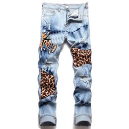 Punk Blue Retro Ripped Stretch Jeans Leopard Patch Hip Hop Pants New Casual Trousers