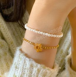 Korean Simple Flower Charm OT Buckle Bracelets for Women Trendy Metal Beaded Imitation Pearls Bracelet Fashion Jewelry Gift