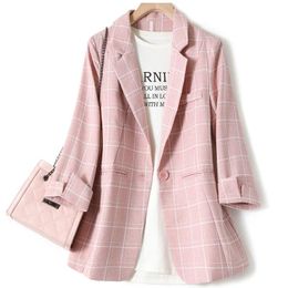 Women's Suits & Blazers Spring Summer Plaid Suit Jacket Thin Women Blazer Slim 3/4 Sleeve Casual Short Outerwear Plus Size Professional Wome