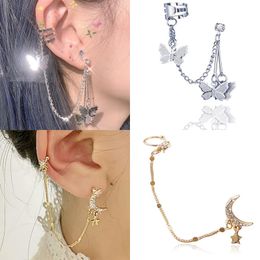 Clip-on & Screw Back One-piece Earring Rhinestone Moon Star Butterfly Long Chain Earrings Hoop Tassel Piercing Jewellery For Women Girls Gift