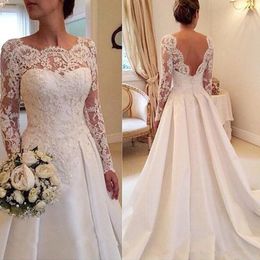 2022 New Fashion Satin Long Sleeves Lace Applique Court Train Wedding Dress Open Back Sexy Bridal Gowns vestido de noiva