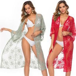 Women's Swimwear Women Beach Cardigan Swimming Suit Bikini Cover-Up Lace Floral See Through Rash Guard Casual Sexy Mesh Outer BeachwearWomen