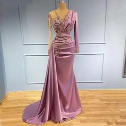 2022 Light Purple Mermaid Evening Dresses Sheer V Neck Appliqued Beaded Long Sleeve Formal Prom Party Second Reception Special Occasion Gowns B0513