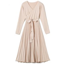 Autumn Winter Woman Dress V-neck Wrap Sweater Dress Elegant Pleated Long Dress T200319