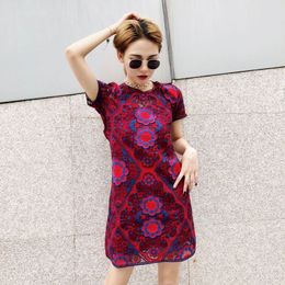 New retro fashion embroidery printing slim high end women s short sleeve two piece dress