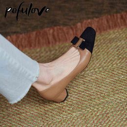 Mid Heels Shoes Summer Mix-color Shoes Women Designer Sweet Bow Knot Block Heels Square Toe Office Party Pumps Black Beige Nude W220318