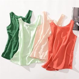 Women's Blouses Cotton and Linen Sleeveless Tops Shirt Female O Neck Summer Solid Plus Size Green Tunic Blouse Basic Women 220325