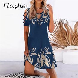 Women Floral Print Party Dresses Sexy Summer Short Sleeve ONeck Mini Dress For Ladies Hollow Out Design Elegant Dress 220527
