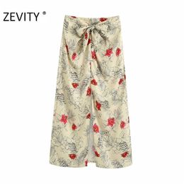 Zevity kadınlar vintage ön bowknot çiçek baskı düz midi etek faldas mujer bayanlar yan fermuarlı şık bölünmüş etekler qun672 210315