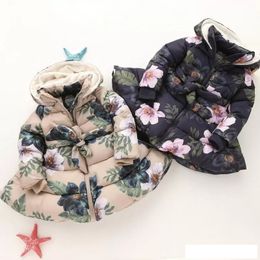 New children Floral Hooded Coat Winter girls Long Sleeve Plus velvet Thicker Flowers Outwear kids Down Coat 2 Colours