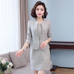 Work Dresses Elegant Grey Long Sleeve Formal Uniform Designs Blazers Set With Dress And Jackets Coat Ladies Office Interview Clothes