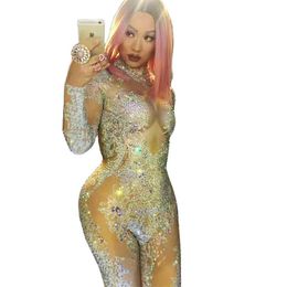 Stage Wear Shiny Rhinestones Costume For Women Pattern Printing Jumpsuit Long Sleeve Personality Performance Ladies Dance