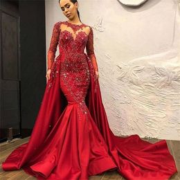 Luxury Red Crystal Mermaid Evening Dresses With Detachable Train Modest Full Sleeves Long Beaded Lace Prom Gowns B0504