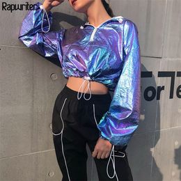 Rapwriter Fashion Zipper Drawstring Harajuku Laser Hoodie Sweatshirt Women 2020 Long Sleeve Crop Top Korean Pullovers Tops Femme T200730