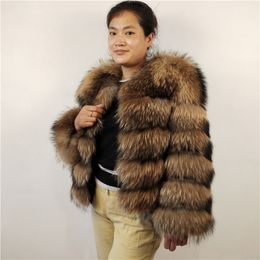 Real Natural Raccoon Fur Silver Short Coat Length 50cm Sleeve Long 55cm Winter Warm Women New B56 201016