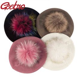 Geebro Women Spring Autumn Knitted Soft Berets With Real Ball Pom Ladies Solid Flat Pet Fashion Crocheted French Painter Hat J220722