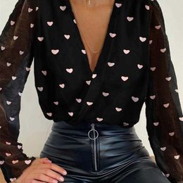 Women Elegant Fashion Summer Top Casual Heart Print Plunge Sheer Mesh Blouse Long Sleeve Blouse V-Neck Casual Blouse 210716