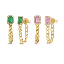 Dangle & Chandelier Gold Colour Geometric Rectangle Colourful CZ Green Blue Pink White Cubic Zirconia Tassel Cuban Chain Drop EarringDangle Da