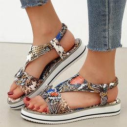 Sandals Women T-tied Floral Elastic Band Female Summer Fashion Serpentine Platform Flats Ladies Casual Shoes Plus Size 43Sandals