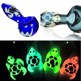 Vintage 4INCH GLOW IN THE DARK TURTLE GLASS HAND PIPE Hookah Bong Water smoking pipe Dab Rigs can put customer logo