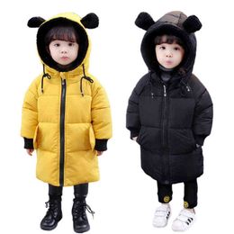 Children Winter Boys Girls Coat Cute Bear Baby Parka Thick Cotton Padded Warm Jacket Clothes Solid Long Kids Hoodies Outerwear J220718