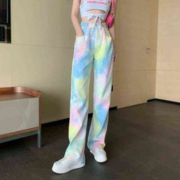 Streetwear Summer Rainbow Tie Dye Printed Jeans High Waist Straight Gradient Loose Denim Pants Y2K Wide Pipes Jean Denim Pants L220726