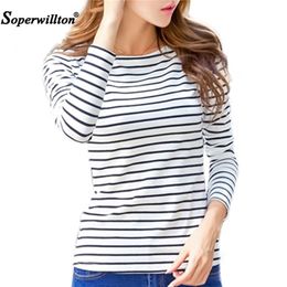 Soperwillton Cotton T-shirt Women Autumn Long Sleeve O-Neck Striped Female T-Shirt White Casual Basic Classic Tops #620 210317