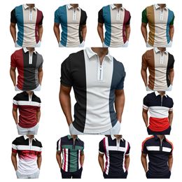 Yaz Şerit Birleştirme Baskı Golf Polos Tişörtü Erkekler İnce Fit Fermuar Kazeli Kısa Kollu Sıradan Takım Polos Tshirts PLS-88