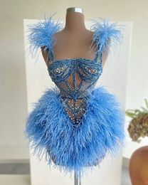 Luxury Light Blue Feather Prom Dresses Spaghetti Neck Beaded Evening Gowns Short Cocktail Dress Homecoming