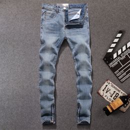 American Streetwear Men Jeans Blue Color Slim Fit Casual Denim Pants Ankle Zipper Elastic Jeans Men Hip Hop Jeans homme T200614