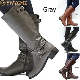 New Fashion Autumn Winter Leather Casual Zipper Knee High Vintage Roman Buckle Shoes Women Boots Y200915