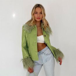 High Street Vintage Fur Trim Lapel PU Leather Jacket Women Long Sleeve Solid Cropped Cardigan Coat Fall Winter Fashion Outerwear 220815