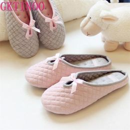 Lovely Bowtie Winter Women Home Slippers For Indoor Bedroom House Soft Bottom Cotton Warm Shoes Adult Guests Flats 201026