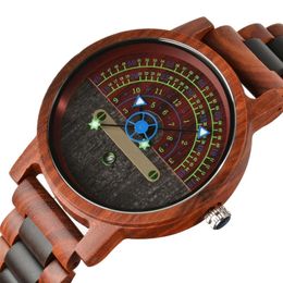 Wristwatches Casual Mens Wooden Watch Retro Semicircle Display Luminous Triangle Pointer Quartz Full Band Watches For MenWristwatches