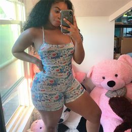 Women's Jumpsuits & Rompers Women Cartoon Printed One-piece Sleeveless Halter Short Bodysuits Sleepwear Pajamas S-2XLWomen's