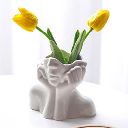 Vases Ceramic Flower Vase Art Deco Modern Nordic Style Creative Portrait Human Head Plant Pot Ornaments